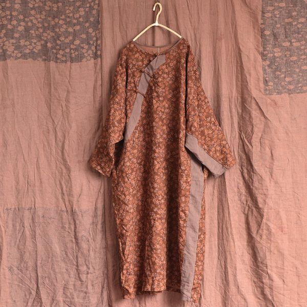 燕燕~秋季  砂洗做舊斜襟盤扣亞麻時髦花色 寬鬆洋裝 連身裙 