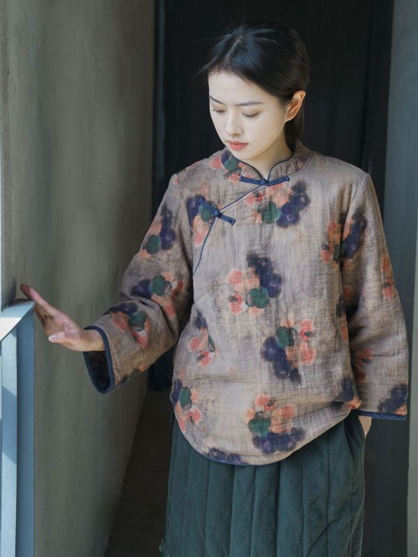 燕燕~數位印花斜襟小棉衣 復古立領加厚茶服棉襖上衣。   ab2328301 