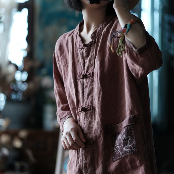燕燕~春夏款 純苧麻。復古文藝印花寬鬆對襟長上衣襯衫  ab217601 