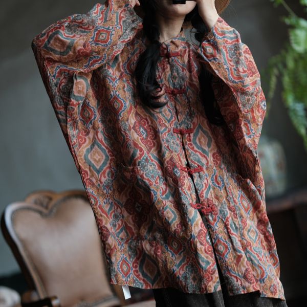 燕燕~棉麻商品~純亞麻 雪花洗印花工藝寬鬆外套 