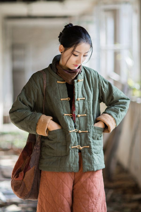 燕燕~冬季新款 苧麻夾棉方格絎縫棉襖短版棉衣外套 