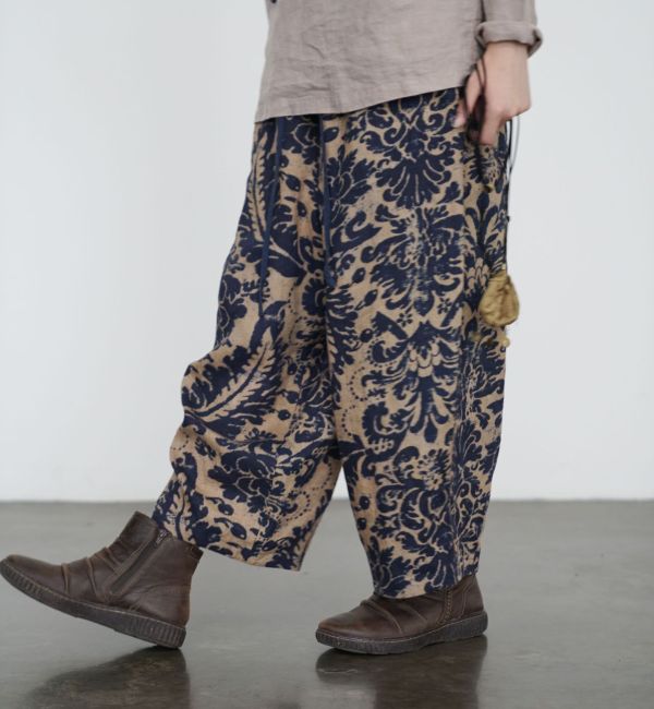 燕燕~復古數位藍染印花亞麻直筒褲 簡約寬鬆自在闊腿褲 ab2531701 
