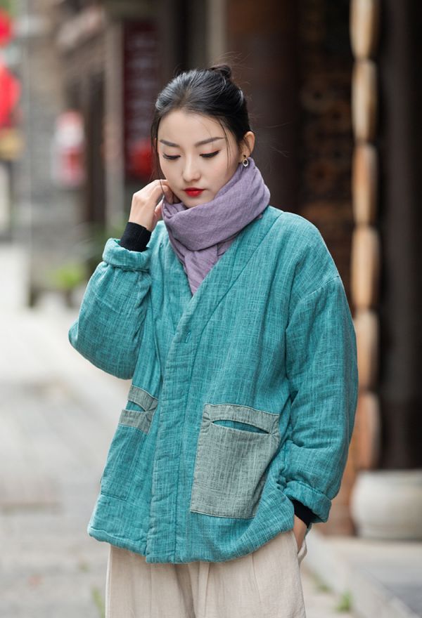 燕燕~棉麻商品~秋冬新品 亞麻   炒色做舊夾棉加厚改良禪意風女式棉服棉衣外套 
