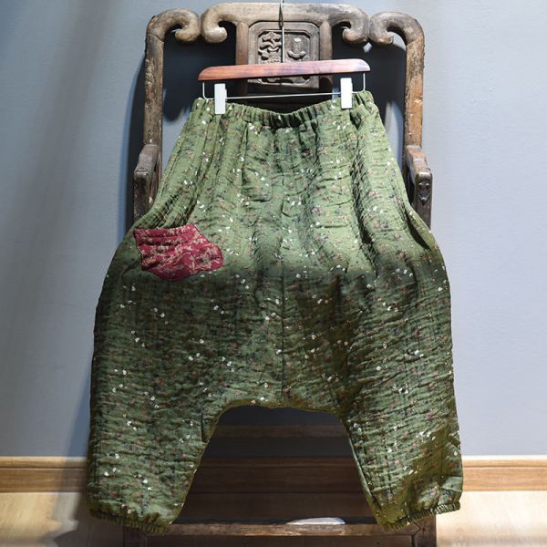 燕燕~棉麻 文藝吊襠褲寬鬆休閒雙層紗復古哈倫褲 印花鬆褲 