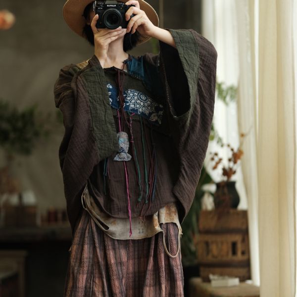 燕燕~復古棉麻貼布斜襟扣盤寬鬆百搭打底T恤 上衣 ab237301 