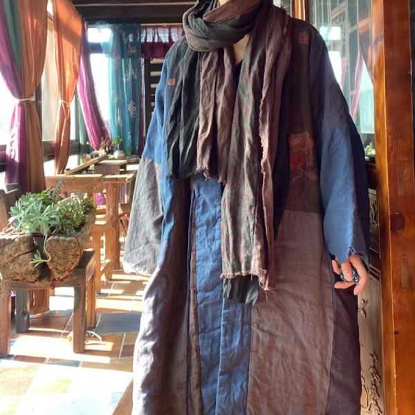 燕燕~秋冬新款 純亞麻   寬鬆繫帶拼布棉衣外套棉袍 長外套 大衣。 ab193001 