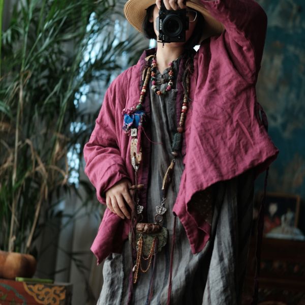 燕燕~秋冬新款 亞麻 手工重工炒色斜襟繫帶棉衣外套  ab181401 