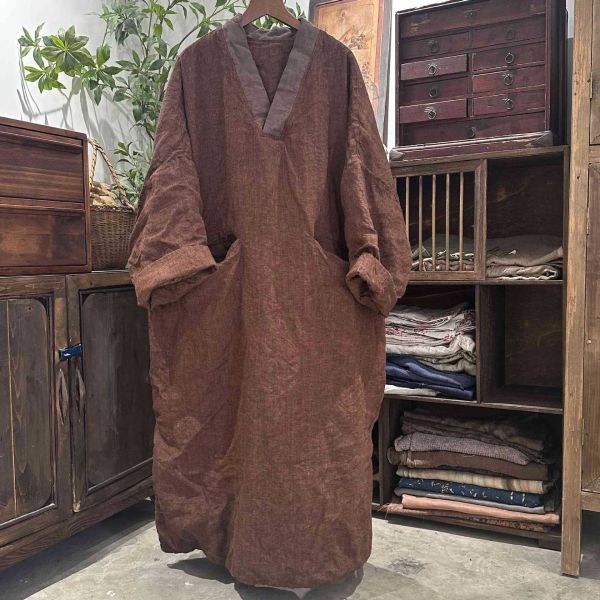 燕燕~色織亞麻v領夾棉復古長棉袍 洋裝 連身裙 (寬鬆版型）此件商品不退換喔 