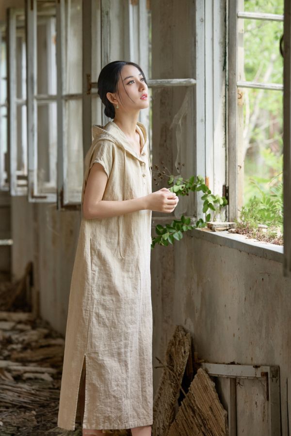 燕燕~苧麻 砂洗禪意清冷連帽長裙洋裝 連身裙 