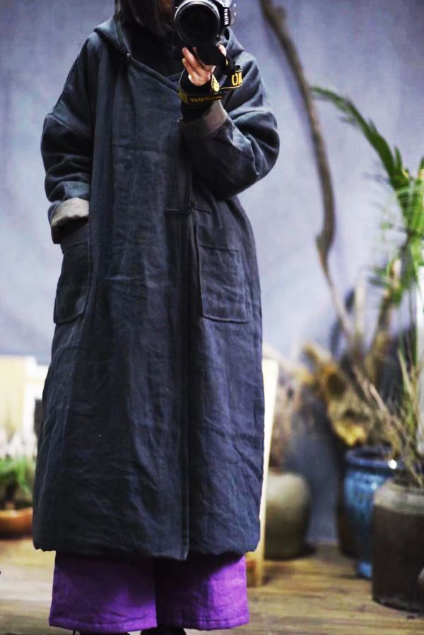 燕燕棉麻~~亞麻材質 冬裝新款 加厚砂洗夾棉連帽盤扣棉袍外套 長大衣 