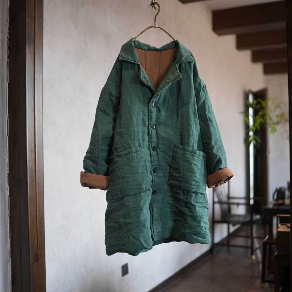 燕燕～秋冬款 加厚苧麻過冬厚棉衣大版寬鬆 長版西服外套 