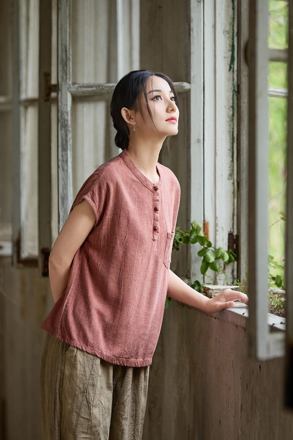 燕燕~秋季新款～亞麻紮染改良新中式盤扣文藝百搭女式短袖T恤 上衣 