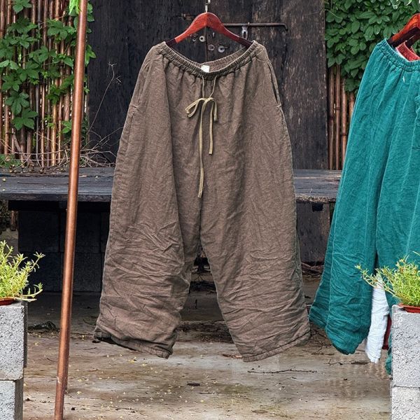 燕燕~砂洗亞麻水洗直筒闊腿棉褲 休閒繫帶長褲 
