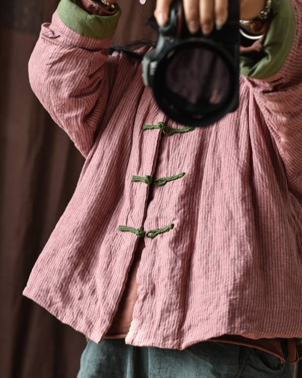 燕燕~棉麻商品~亞麻材質 色織條紋中式盤扣夾棉短棉衣外套 