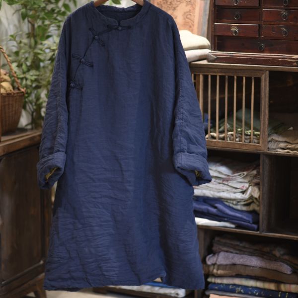 燕燕~砂洗亞麻 偏襟盤扣寬鬆棉衣長袍洋裝 連身裙 