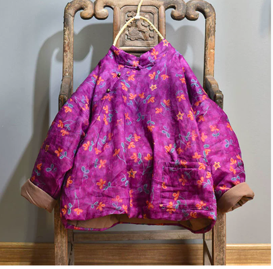 燕燕~棉麻商品~苧麻材質 數碼印花夾棉外套 盤扣短棉襖文藝棉服上衣 