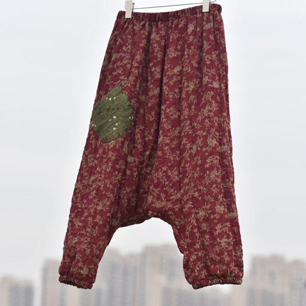 燕燕~棉麻 文藝吊襠褲寬鬆休閒雙層紗復古哈倫褲 印花鬆褲 