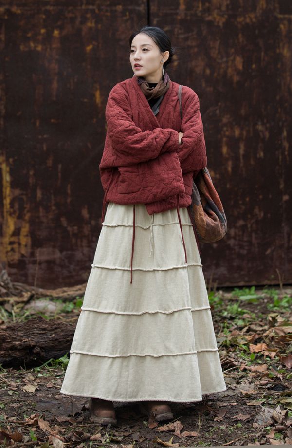 燕燕～秋冬新品  苧麻加絨加厚炒色裙子文藝復古百搭長裙 