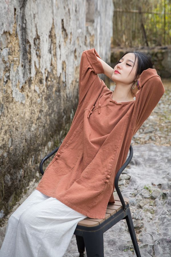 燕燕~夏季新款 莧麻炒色上衣改良大尺碼茶服個性文藝範女長T恤 