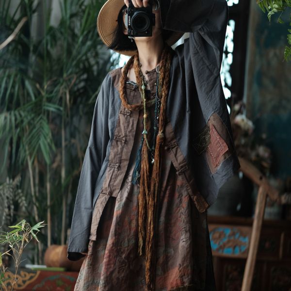 燕燕~亞麻~復古盤扣炒色做舊拼接長袖襯衫 上衣 外套 ab203301 