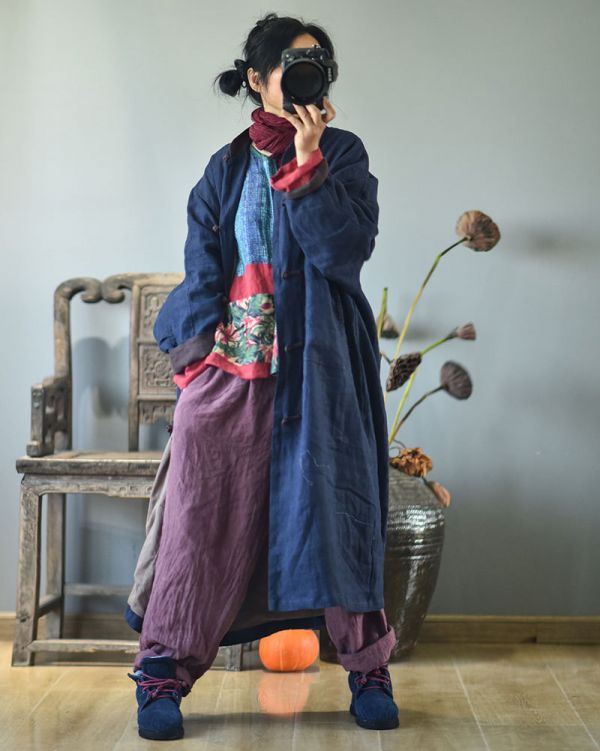 燕燕~春秋款 亞麻.  水洗做舊復古手工盤扣長袍 風衣外套 