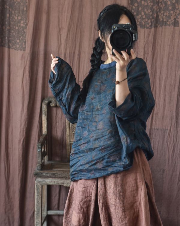 燕燕. 苧麻 撞色休閒輕薄上衣 復古寬鬆襯衫 長袖棉麻衫 