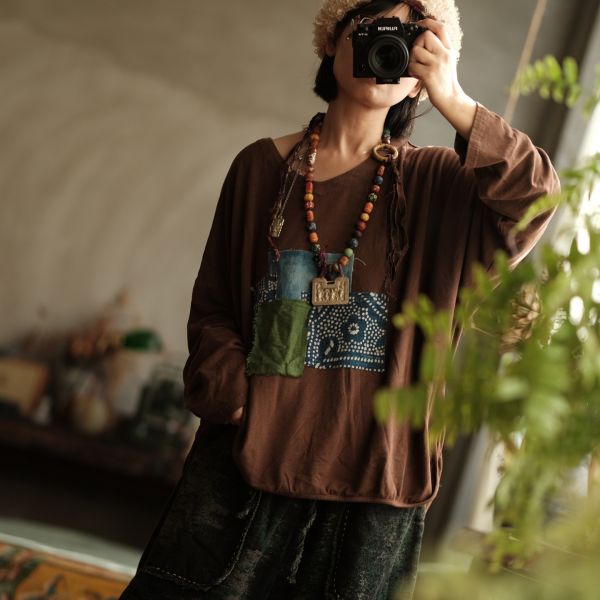 燕燕~秋冬新款 設計女裝文藝復古純棉寬鬆打底貼布T恤 HX011801 