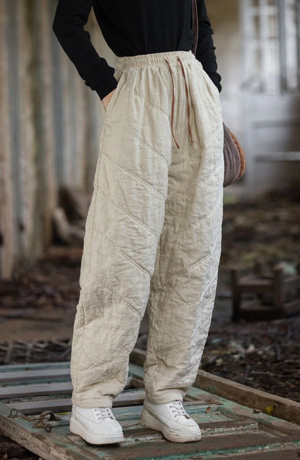 燕燕~冬季新款 苧麻夾棉絎縫炒色褲子 文藝百搭鬆緊腰女式長褲 棉褲 