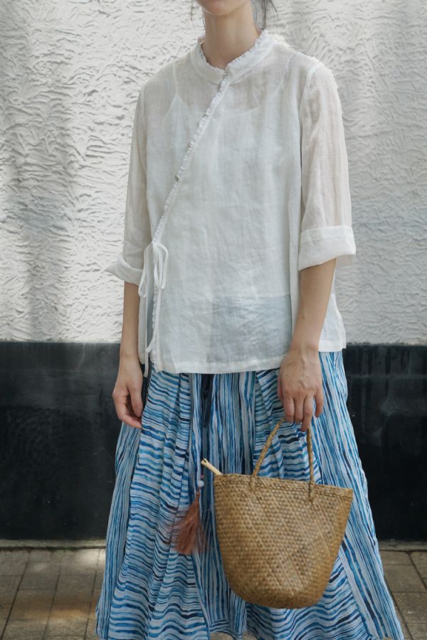 燕燕~棉麻商品~苧麻材質 花邊斜襟設計襯衫 上衣 長袖棉麻衫 1-2233 