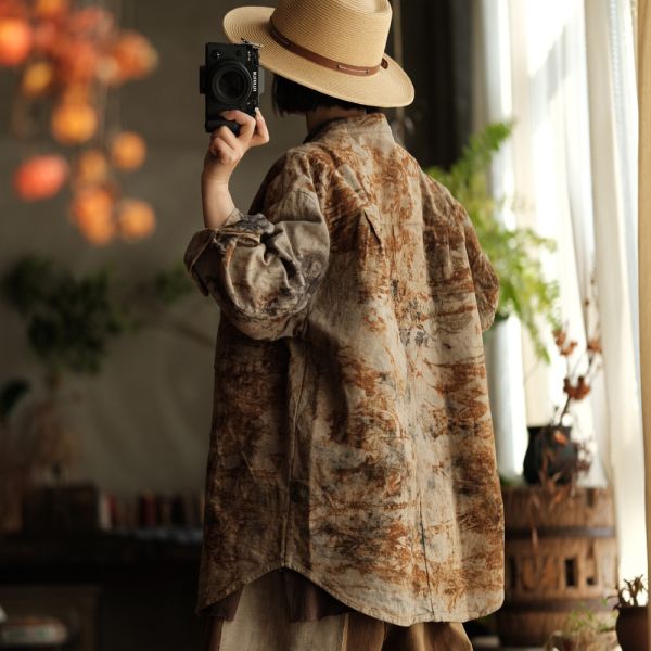 燕燕~亞麻～設計文藝復古做舊寬鬆外套襯衫 (植物染） 