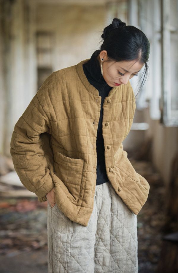 燕燕~冬季新款 莧麻夾棉絎縫方格棉襖棉服時尚文藝個性女式短棉衣外套 