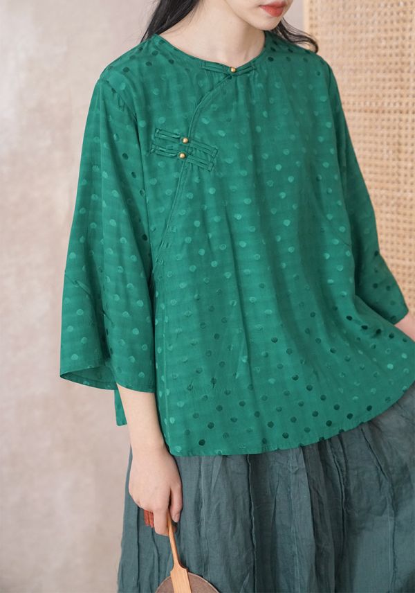 燕燕～棉麻天絲材質  薄點提花斜襟金扣上衣 長袖棉麻衫 ab2205601 