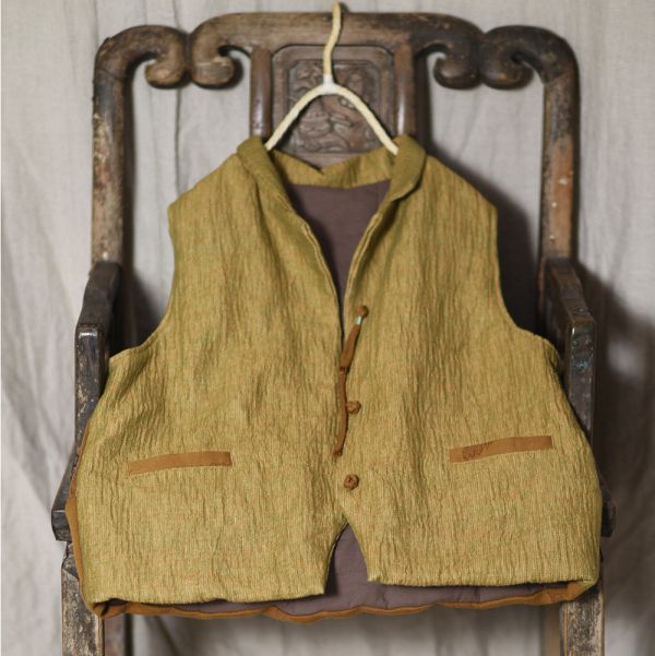 燕燕~秋冬款 棉麻女撞色小西服 文藝盤扣保暖背心 