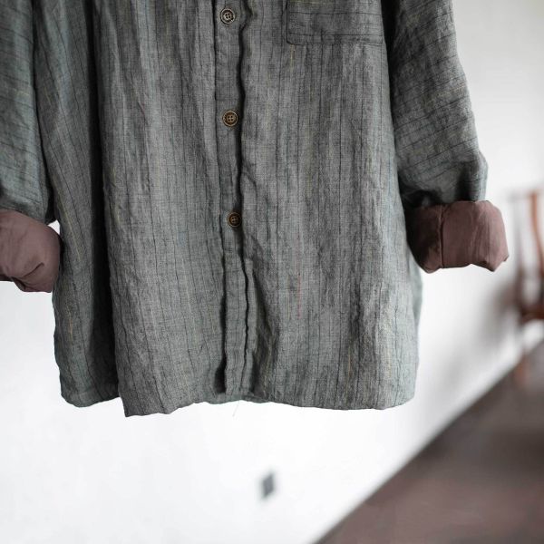 燕燕~入冬百搭款 高品質色織條紋亞麻文藝襯衫 棉衣棉服棉襖外套 
