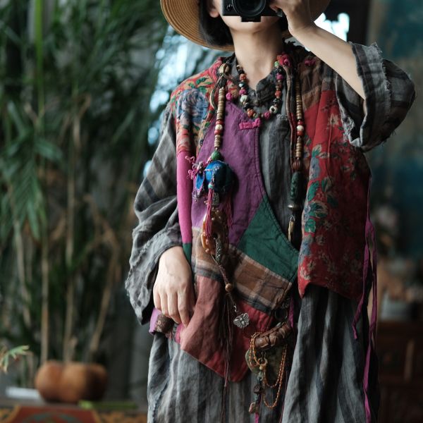 燕燕~棉麻商品~中式改良側開襟夾棉拼布背心棉麻杉. ab178301 