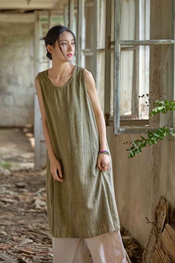 燕燕~秋款 亞麻紮染長裙 寬鬆顯瘦簡約無袖洋裝 連身裙 