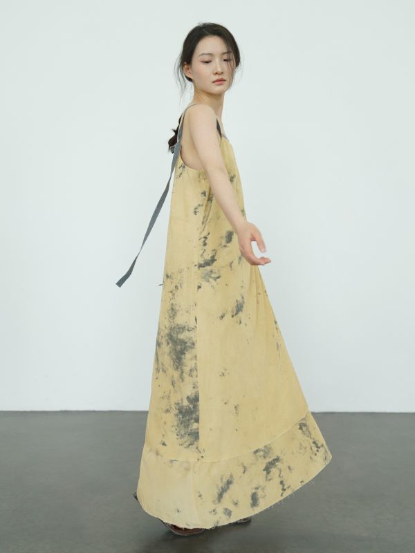 燕燕~絲綿  復古高品質潑墨印花 吊帶長裙 洋裝 連身裙   ab2420801 