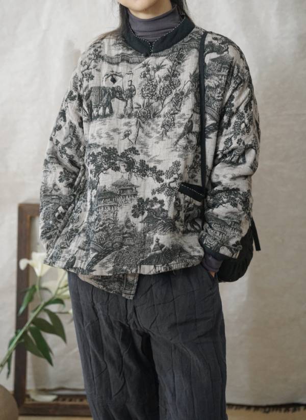 燕燕棉麻~復古雙層印花加厚斜襟棉衣上衣 新中式個性棉衣外套 ab2143601 