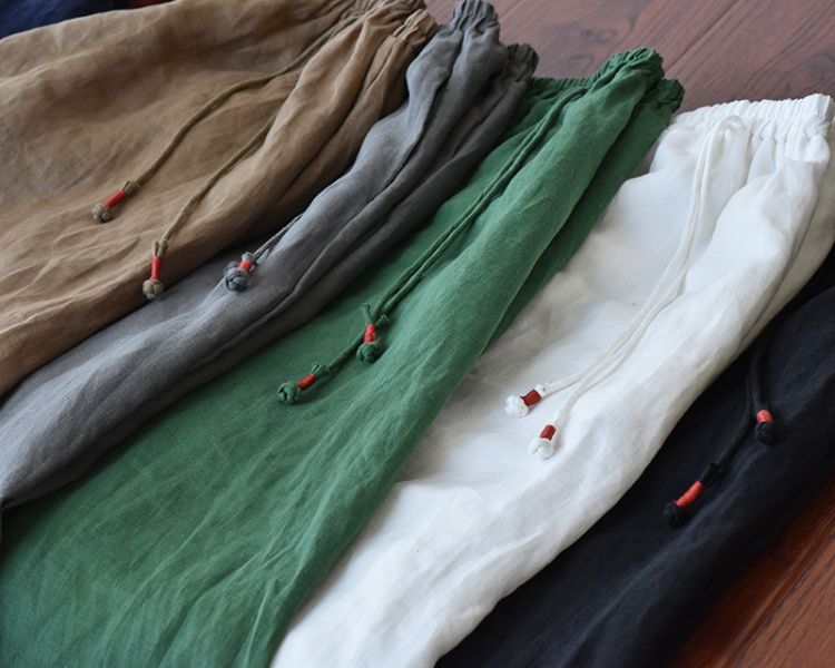 燕燕~棉麻商品~亞麻材質 寬鬆顯高顯瘦闊腿褲 民俗風寬褲 文藝休閒鬆緊腰褲裙 盤扣帶長褲 