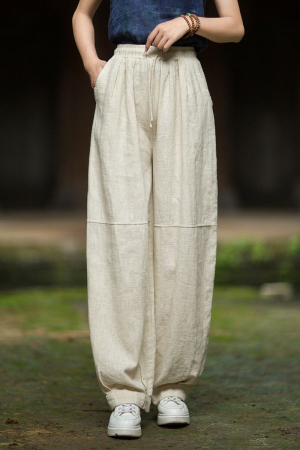 燕燕~秋新款 苧麻砂洗文藝百搭鬆緊腰長褲 哈倫褲 