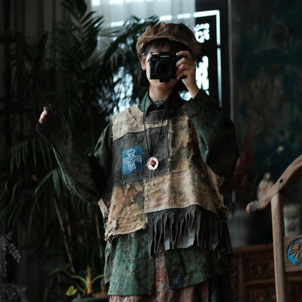 燕燕~棉麻商品~復古文藝拼布髒染背心 ab223501 