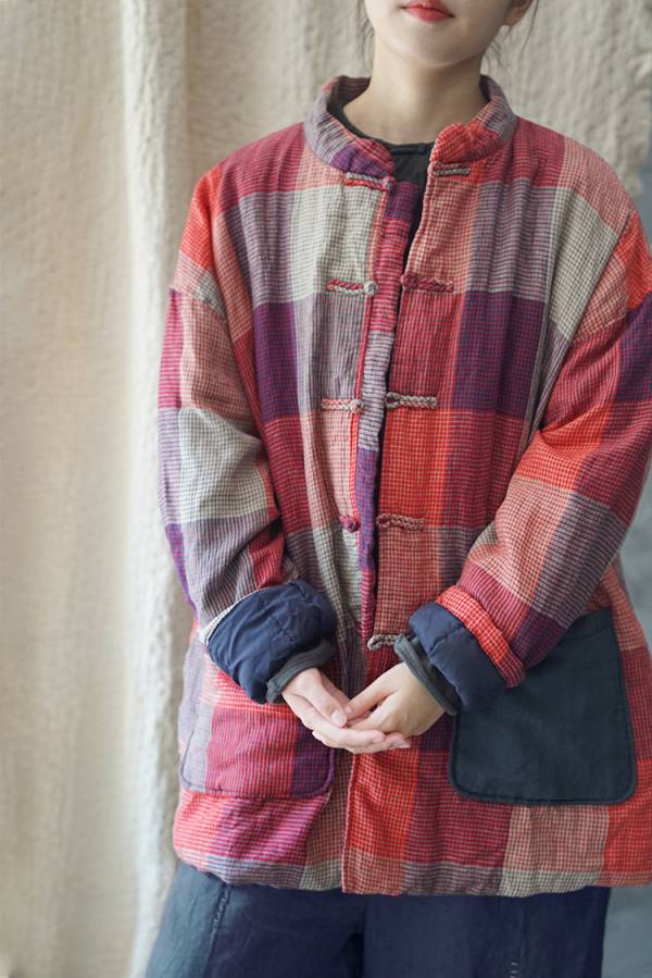 燕燕~棉麻商品~色織格拼色手工盤扣保暖亞麻棉襖外套  ab015601 棉衣  亞麻 格紋
