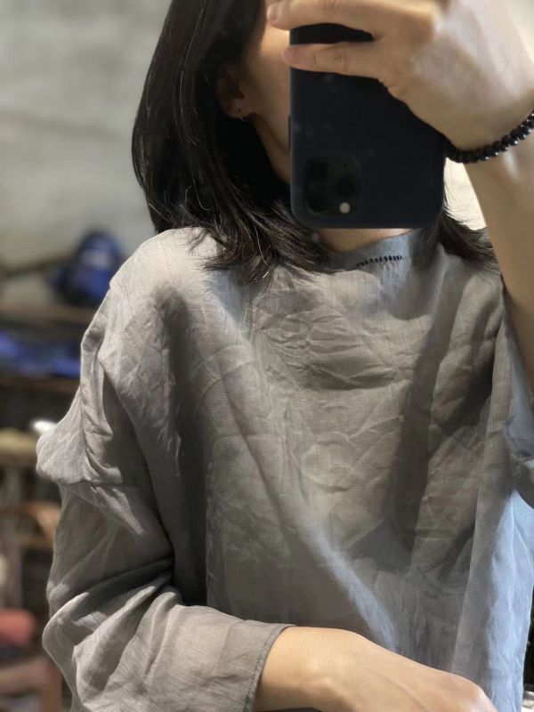 燕燕～輕薄 文藝復古休閒套頭一字領夏季防曬苧麻衫上衣 