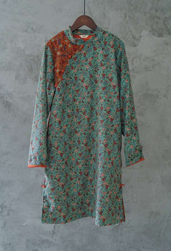 燕燕棉麻～數碼印花燈芯絨材質  長旗袍國風文藝趣味撞色洋裝 連身裙  ab2137201 