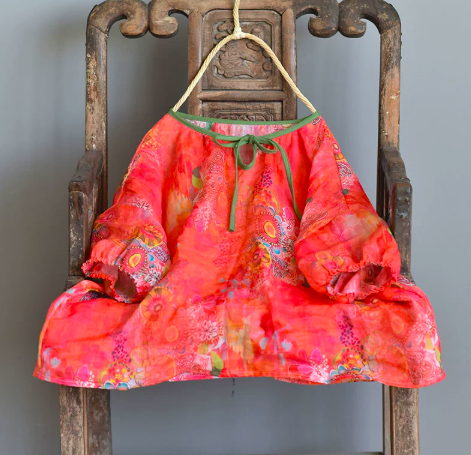 燕燕~棉麻商品~純苧麻材質 印花小衫 燈籠袖圓領繫帶泡泡袖設計上衣 襯衫 短袖棉麻衫 