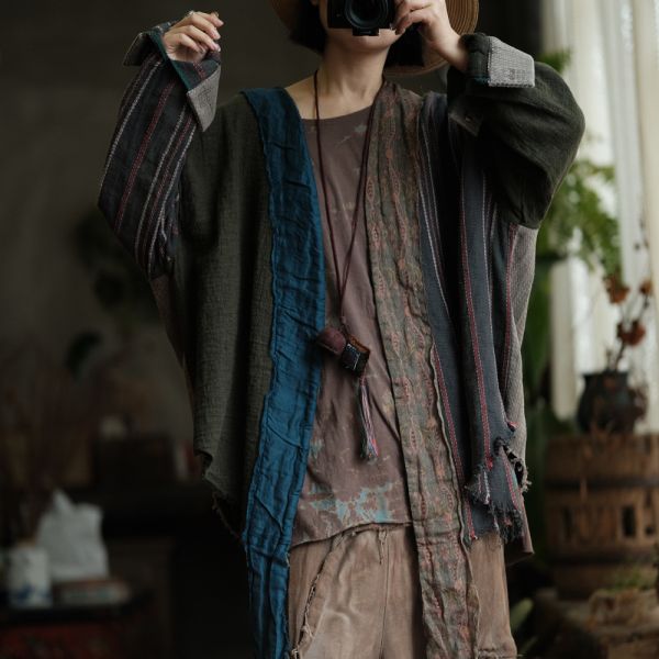 燕燕~秋款 復古文藝棉麻拼色外披薄外套 ab234901 