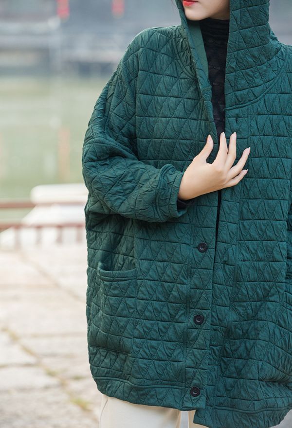燕燕~棉麻商品~秋冬款 幾何絎縫格紋夾棉加厚改良禪意女式棉服棉衣外套 