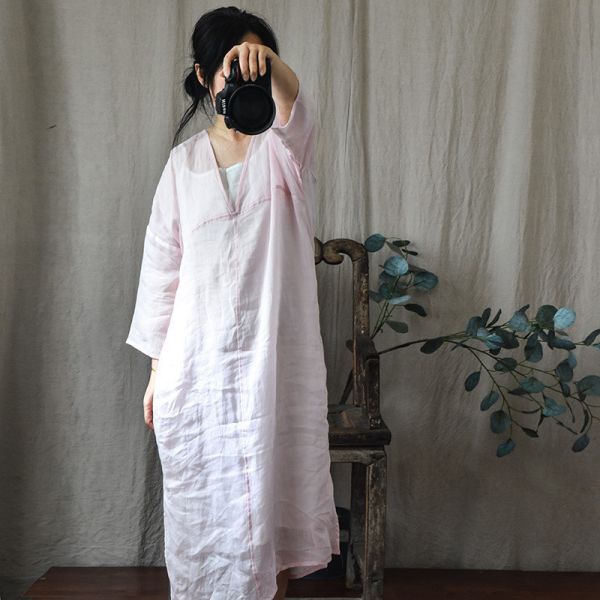 燕燕~夏季新款~苧麻～袍子V領中袖清涼中長款 洋裝 連身裙 (包含內搭吊帶裙） 