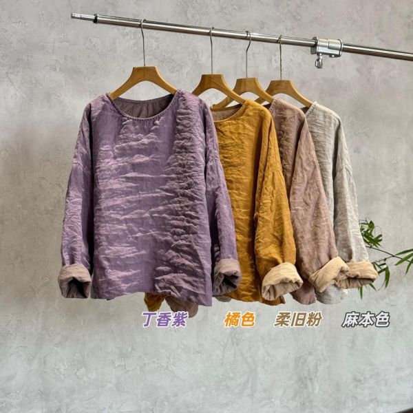 燕燕~酵素洗漢麻雙層t卹襯衫 復古風格女款 國風寬鬆上衣 
