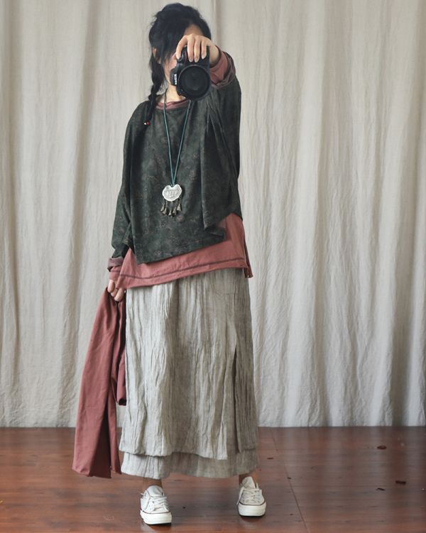 燕燕~數位印花圓領棉麻針織T恤 文藝圓領寬鬆短上衣 